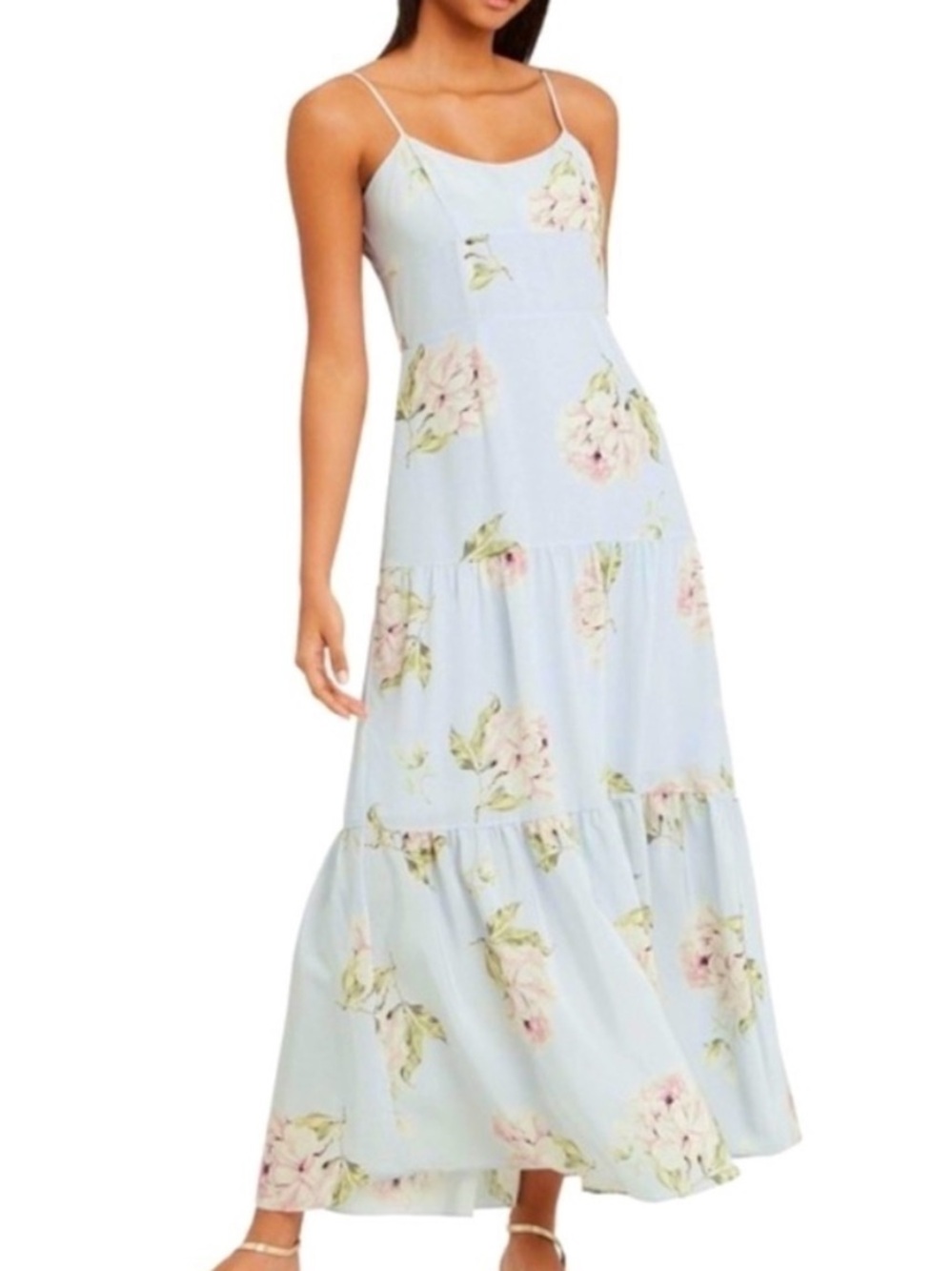 Intermix Genevieve 100% Silk Floral Maxi Dress Size 2 Pale Blue Sleeveless Pink